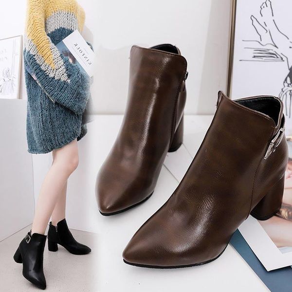 

ladies short boots autumn square heel high heel martin boots pu womens fashion pointed temperament womens, Black