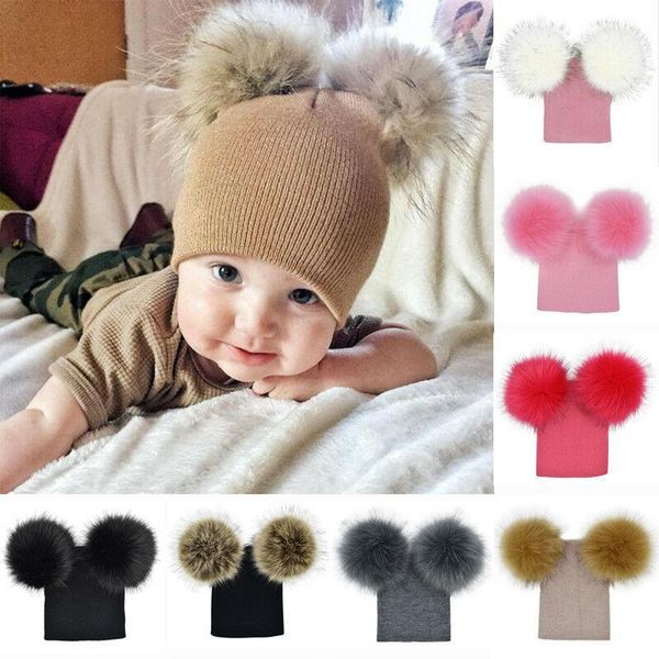 

lovely kids baby winter warm stretch children wool knit beanie fur pom pom bobble hat cap1, Yellow
