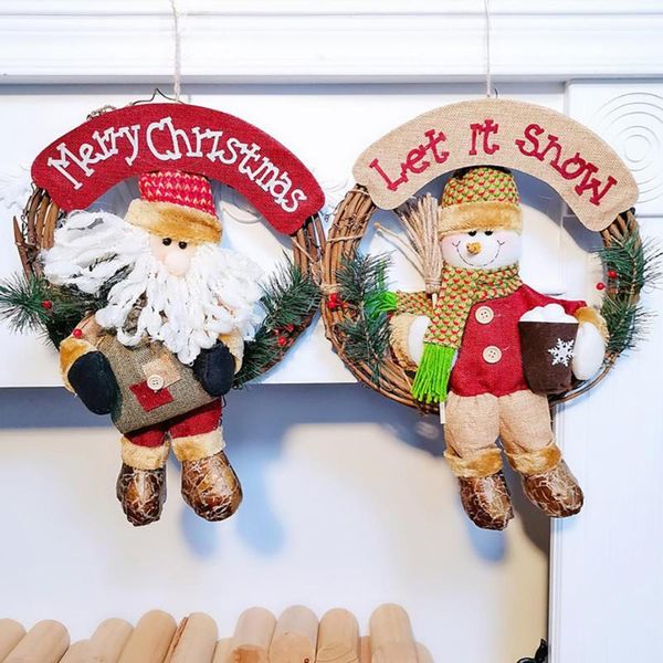 

santa claus snowman wood rattan floral hoop pendant christmas home door decor