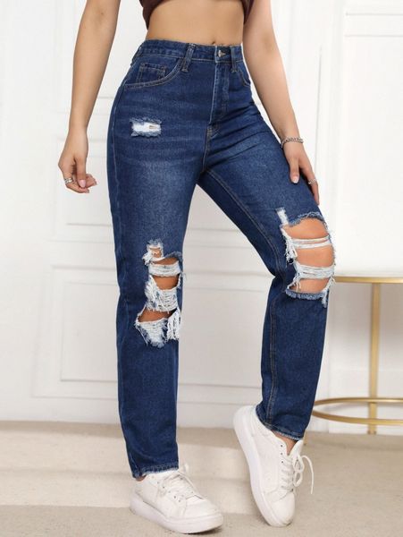 

high waist ripped jeans a7da#, Blue
