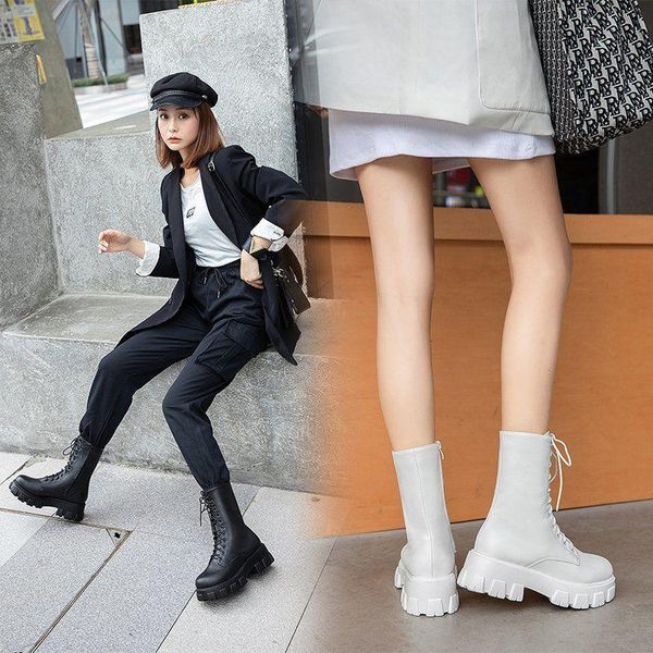 

boots 2021 fashion leather women black white thick heel round toe motorcycle female autumn winter shoes woman punk