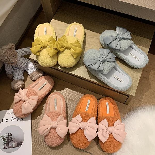 

winter woman slipper home slippers women's female shoes flock cover toe low butterfly-knot luxury slides fur flip flops massage, Black