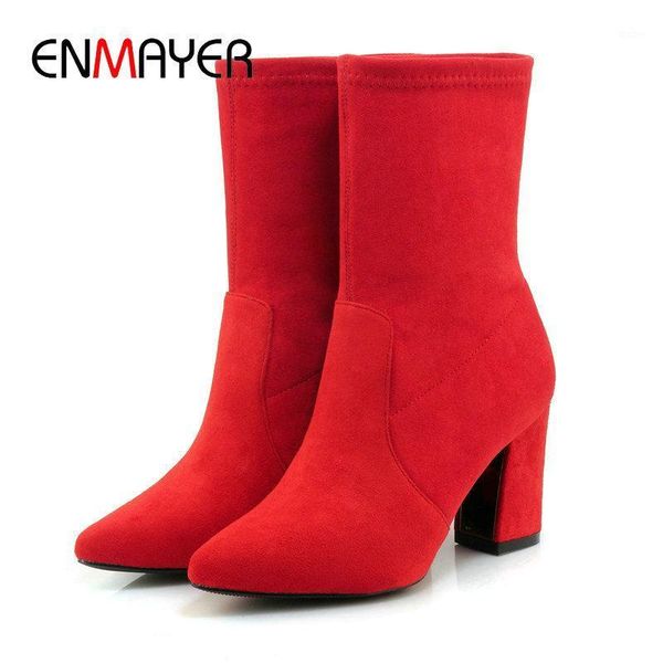 

enmayer 2020 winter boots women stretch fabric sock boots flock ankle zip round toe square heel women shoes size 34-431, Black