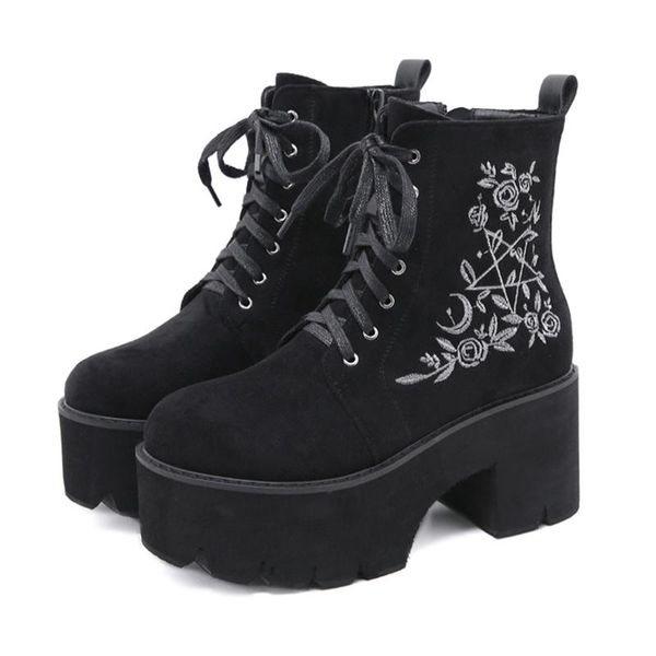 

boots lucyever embroidery flower chunky heels platform women round toe high shoes woman autumn winter black ankle