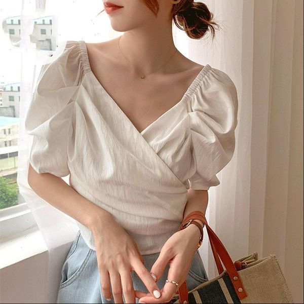 

zcwxm 2021 chiffon blouses women v neck puff sleeve korean chic blusas vintage fashion summer elegant shirts girls, White