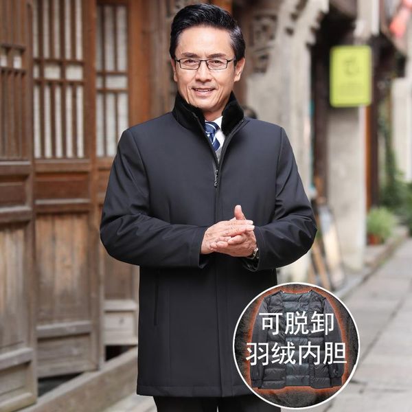 

winter mid-length 90 velvet down jacket middle-aged and elderly mid-length detachable liner fur collar down jacket for, Black