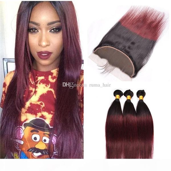 

malaysian 1b 99j ombre human hair silky straight 3 bundles with lace frontal closure dark roots wine red ombre hair weaves with frontal, Black;brown