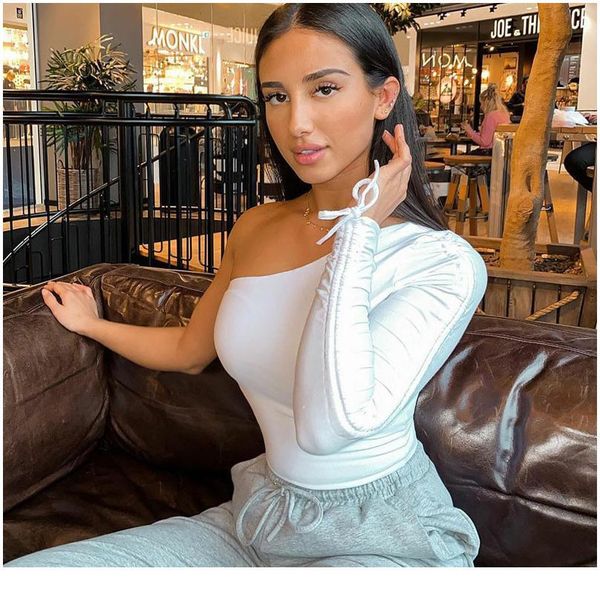 

nadafair one shoulder women long sleeve crop pure autumn lace up t shirt 2020 tee l sqcbdl, White
