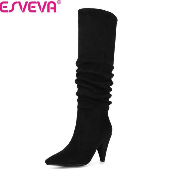 

esveva 2020 women shoes knee high boots pointed toe high heel elegant slip on casual fashion solid all match boot size 34-43, Black