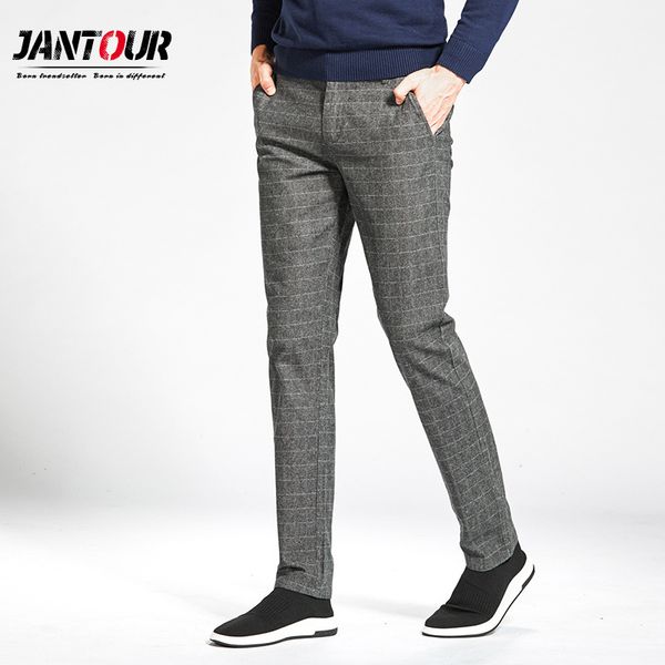 

jiantour new cotton men pants straight black gray long lattice male business casual trousers man full length mid c1018