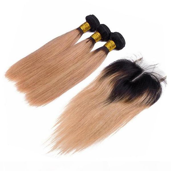 

9a virgin peruvian blonde ombre 3bundles with closure t#1b 144 dark roots hair weaves with closure silky straight blonde hair with closure, Black