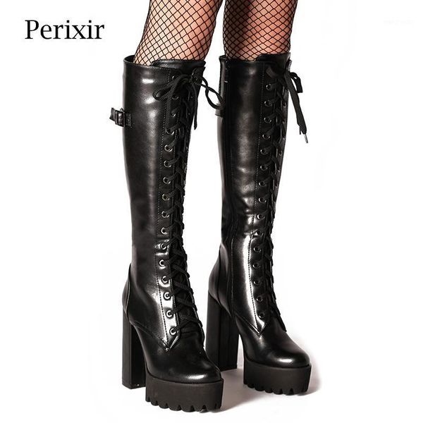

perixir design 2020 gothic motorcycle boot lacing knee high heel lady fashion metal decor black square heel zip shoes size36-411