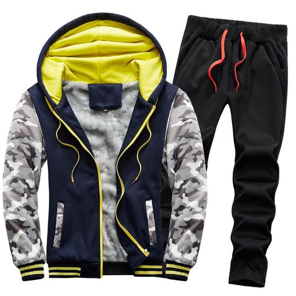 

2020 men's sweatshirt running suit autumn winter thick warm tracksuit 2 pieces hoodies sets male coat fitness gym clothing, Black;blue