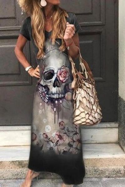 

punk style 2020 summer dress women short sleeve skull print female dresses streetwear ankel-length vestidos de mujer sundress, Black;gray