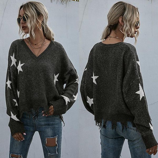 

women's sweaters womens sweater fashion casual style star tassel knitted pullover v neck in autumn and winter, White;black