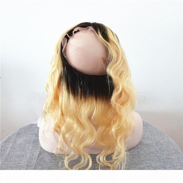 

blonde ombre 360 band lace frontal with 3bundles body wave 1b 613 ombre brazilian virgin human hair weaves with 360 full lace closure, Black;brown