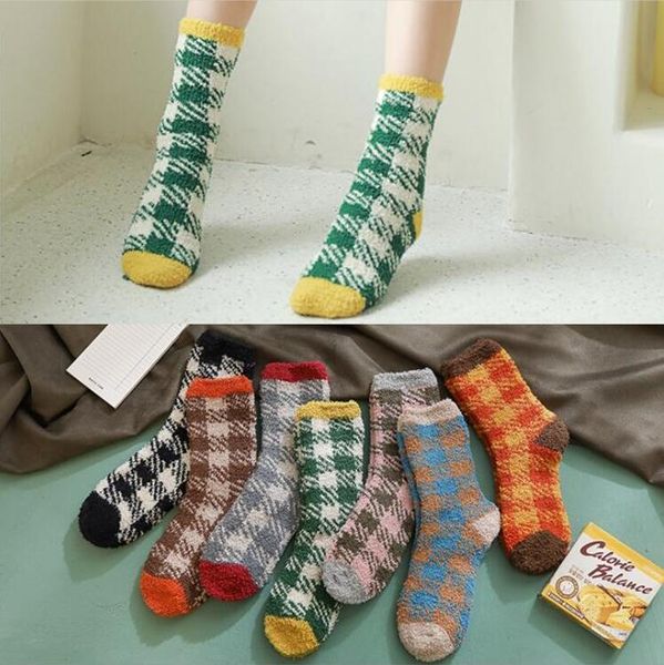 

adults plaid thickened stockings baby coral fleece long socks lady sleeping socks winter warm thickened sock cute fluffy floor socks wy376, Pink;yellow