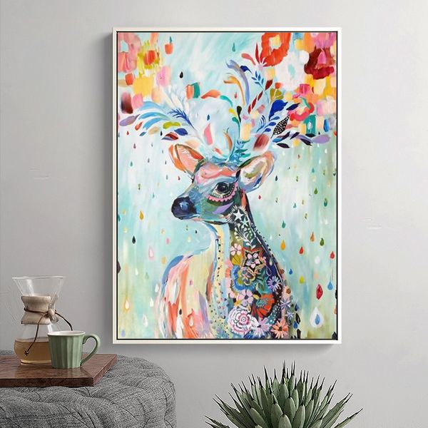 

abstract graffiti animal art painting print on canvas art poster and print wall art sika deer picture for living room home decor