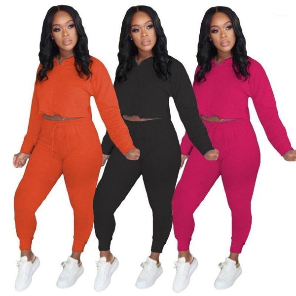 

2020 women street casual style sets long sleeve hooded collart elastic long panrts pure color two piece sets1, Gray