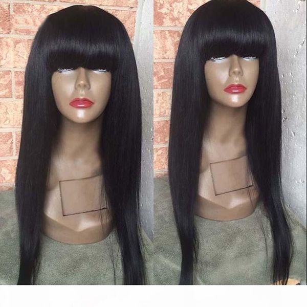 

full lace wigs with big bangs virgin brazilian full lace human hair wigs for black women straight lace front wigs with baby hair, Black;brown