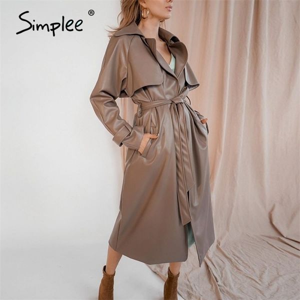Simplee Streetwear PU Deri Trençkot Bayan Kahverengi Sonbahar Kış Sashes Uzun Coat Çentikli Ofis Bayanlar Cep Dış Giyim 210201