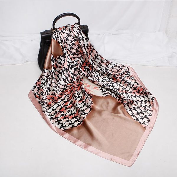 

2021 90x90 houndstooth multipurpose women silk twill scarf satin square tie hairband ladies foulard femme towel bufanda shawl, Blue;gray
