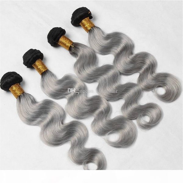 

new arrival 4pcs lot silver grey ombre hair extensions #1b grey body wave 9a brazilian virgin human hair weaves ombre hair bundles, Black