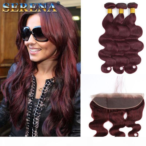 

9a wine red ear to ear 13x4 lace frontal closure with bundles body wave burgundy #99j brazilian virgin hair frontal with baby hair, Black;brown