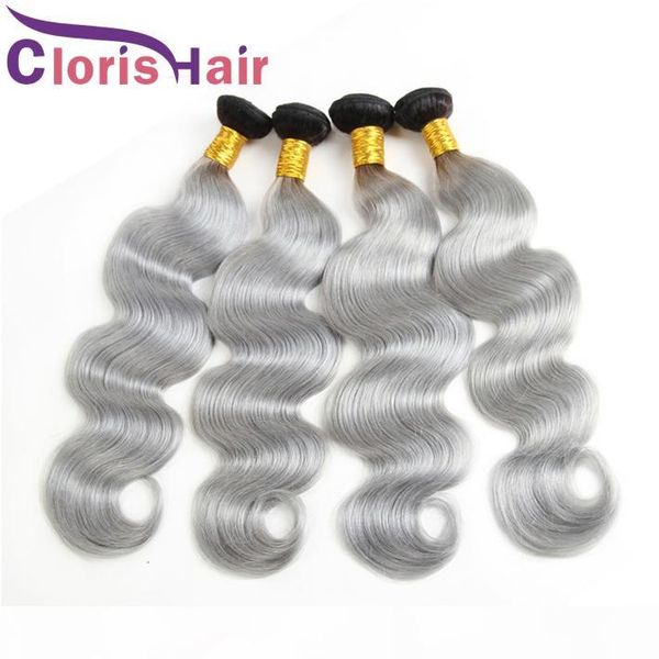 

dark root 1b grey body wave hair weaves virgin brazilian human hair bundles two tone gray ombre mink brazillian hair extensions, Black