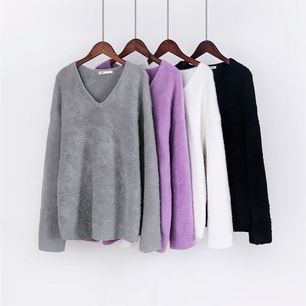 

ies winter sweater woman white v-neck oversized pullovers soft warm pullovers 201221, White;black