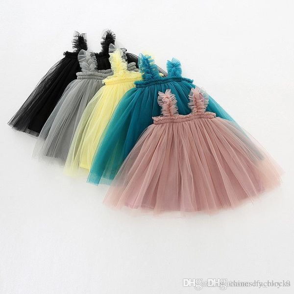 

ins baby girls tutu dresses kids sling gauze skirt new summer party elegant solid color agaric lace gauze skirt 5 colors, Red;yellow