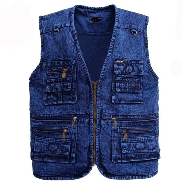 

men's vest outerwear denim waistcoat deep blue color plus size sleeveless jacket multi-pocket size xl to lj201222, Black;white