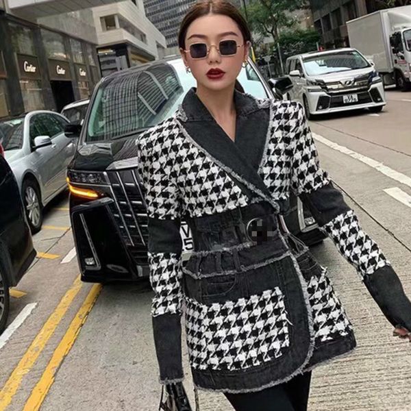 

[ewq] autumn winter new full sleeve lattice tweed cowboy split joint long fund self-cultivation fashion trend jacket female 201112, Black;brown