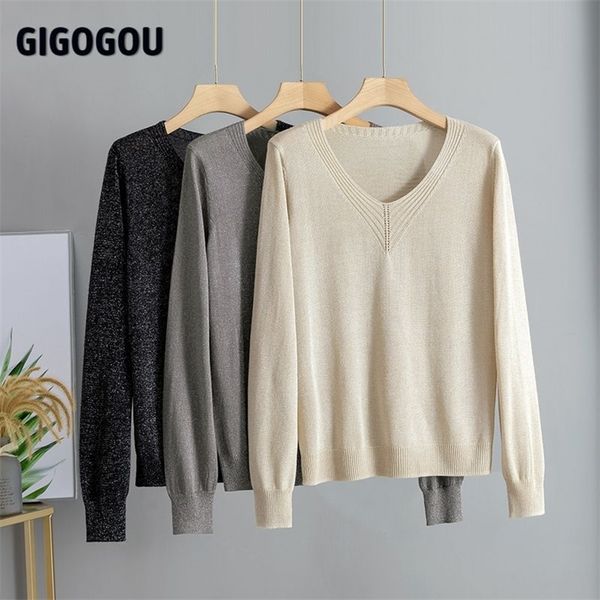 

gigogou bling shinning women v neck sweater long sleeve pullover spring autumn knit soft female jumper jersey mujer 201223, White;black