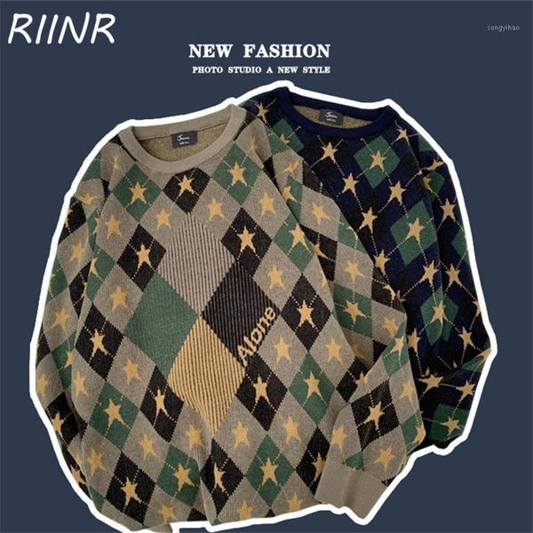 

riinr 2020 autumn and winer fashion trend loose five-pointed star pattern couple knitwear men's pullover sweater l-3xl1, White;black