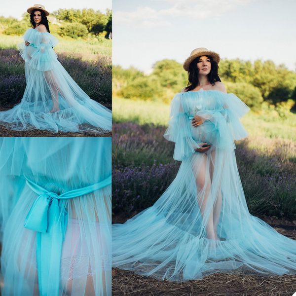 

sky blue illusion ruffles bathrobe sleepwear bridal long nightgowns luxury lingerie birthday party wedding gowns shower robes, White