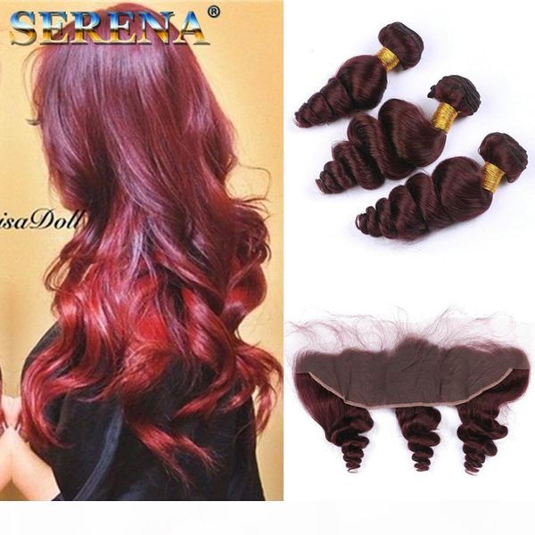 

brazilian virgin hair loose wave with closure 99j hair 4pcs wine red 3 bundles with 13x4 frontal closure burgundy red human hair bundles, Black;brown