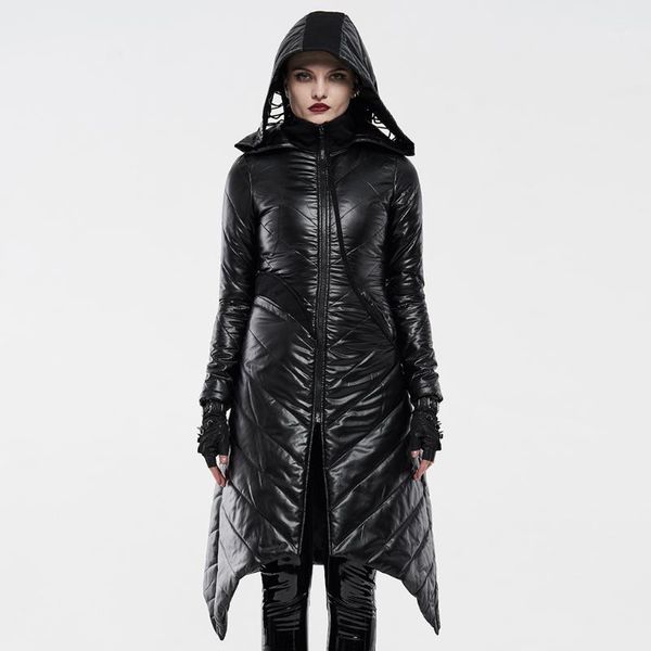 

punkrave women's dark punk geometric split medium long coat asymmetrical hem hooded casual thick cotton jacket1, Tan;black