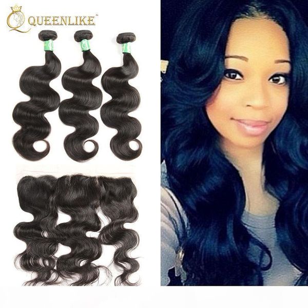 

unprocessed brazilian virgin human 3 hair bundles with 13x4 lace frontal closure body wave 1b color wet and wavy queenlike 7a, Black;brown