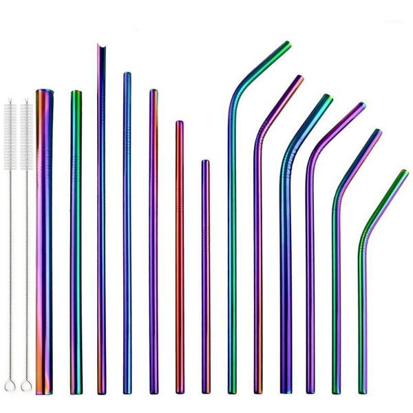

2 pcs colorful rainbow straw set 304 stainless steel 16/19/21/23/26cm straws 6/8/12mm reusable bent metal drinking straw brush1