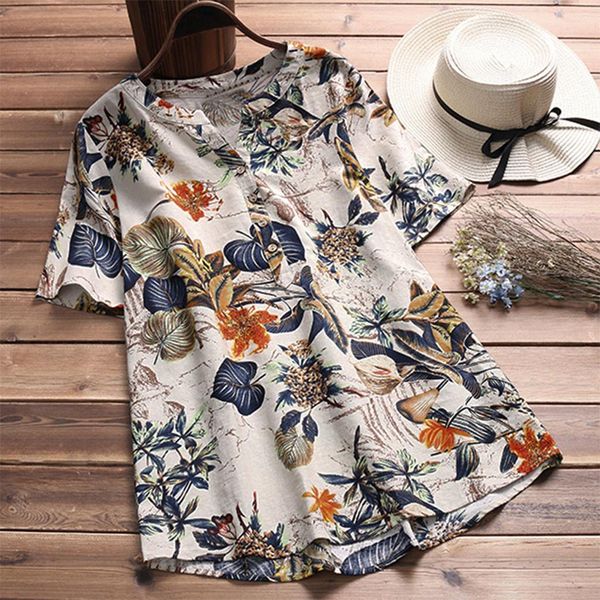 

fashion blouse womens button casual plus size linen shirt vintage boho floral loose blouse chemisier femme woman blouses, White