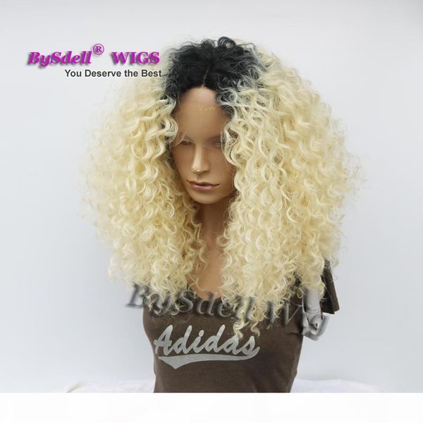 

fabulous afro fluffy kinky curly hair wig synthetic short black root ombre blonde 613# color glueless lace front wigs for black women