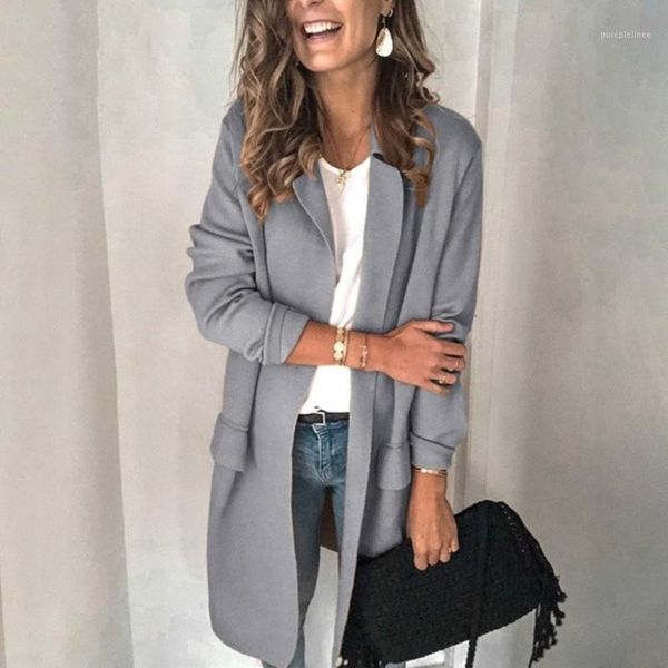 

office lady autumn solid color lapel collar pockets decor blazer jacket1, Black