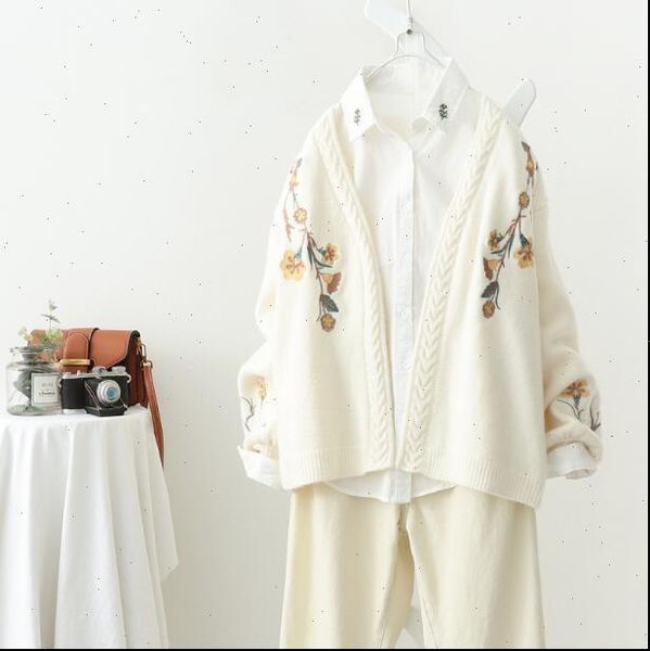 

mori girl women sweater new 2021 autumn v neck flower embroidery long sleeve cardigan women knit coat, White;black