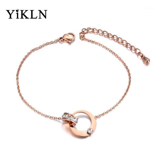 

charm bracelets yikln stainless steel cz crystal double circles bracelet bangle for women summer link chain bohemia yb190261, Golden;silver