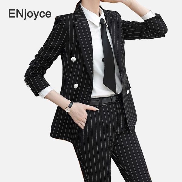 

women 3 pieces set striped blazer & blouse & pants suits long sleeve double breasted jacket autumn fashion slim fitting clothing1, White;black