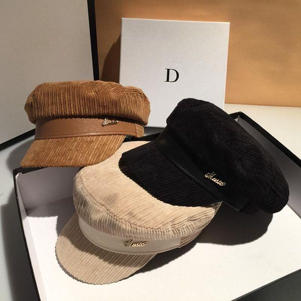 

stingy brim hats 202112-jinxi autumn spring stripe corduroy splicing faux leather leisure lady octagonal hat men women visors cap, Blue;gray