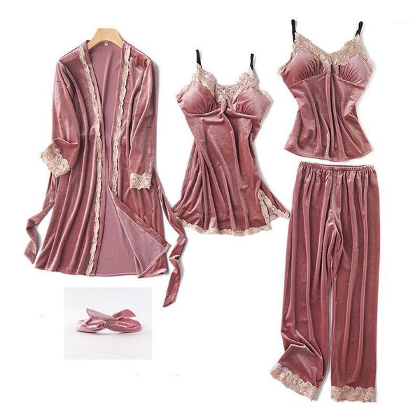 

new arrive 5 pieces warm winter velvet pajamas for women lace sleepwear pajama set warm sling nightdress female nightwear1, Black;red
