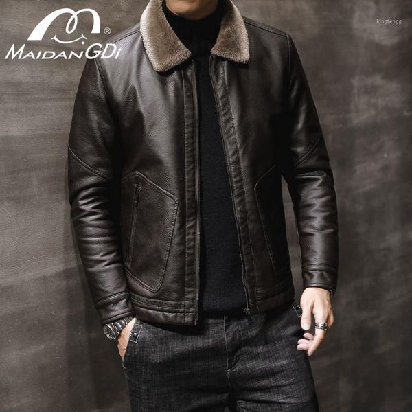 

maidangdi men jackets 2020 spring new casual motor spliced fleece leather jacket male autumn vintage warm leather jacket coat1, Black;brown