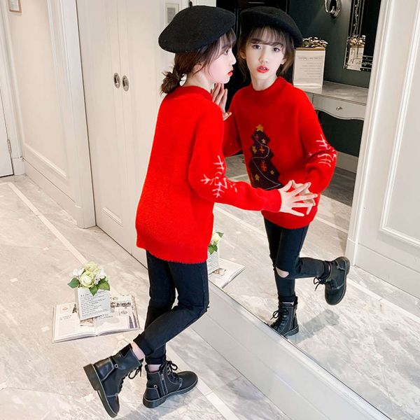 

2021 girls' middle school cartoon tree warm christmas pullover children's sweater, Blue